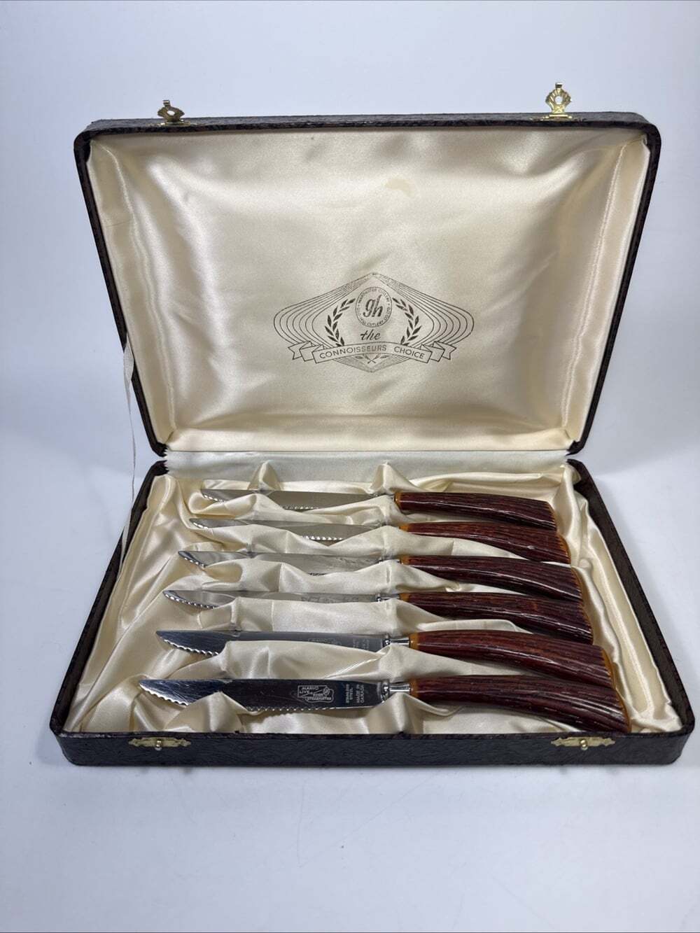 VTG Set 6 Glo-Hill Steakmates Stainless Bone Handle Steak Knives W/ Case D1